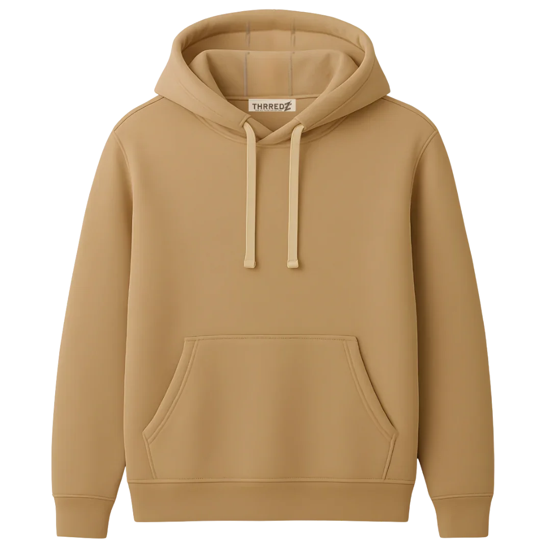 Beige THRREDZ hoodie with front pocket and drawstring hood, plain background