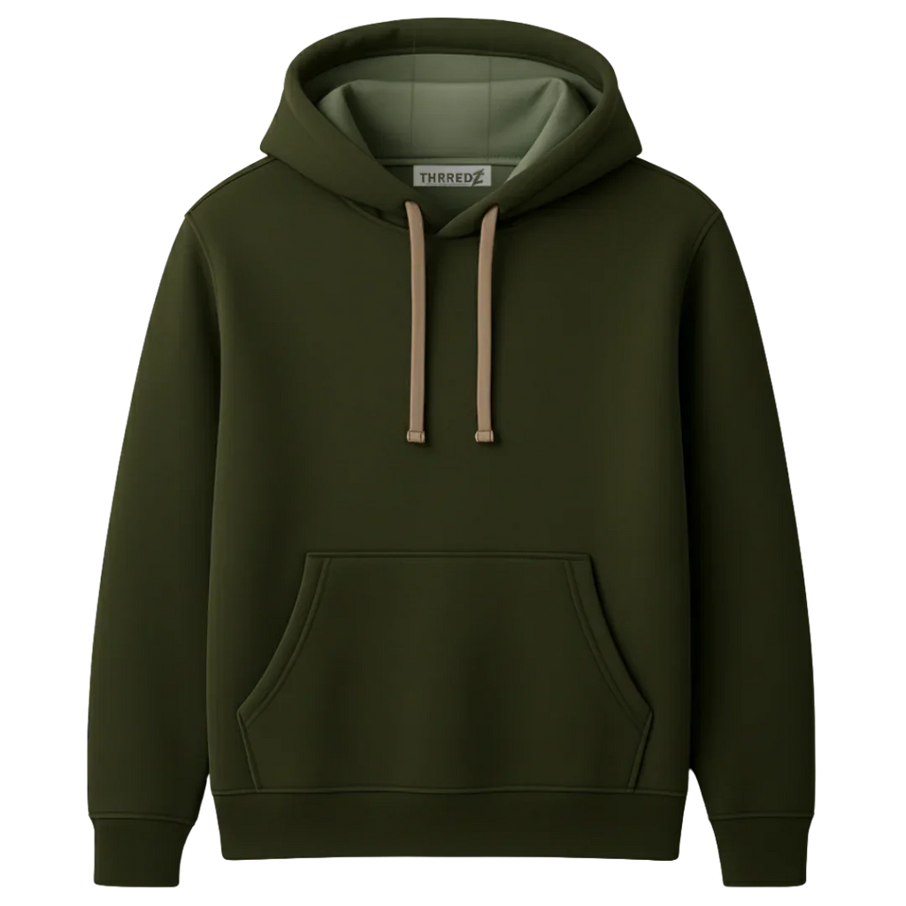 Olive green hoodie with beige drawstrings and front pocket, THRREDZ label visible