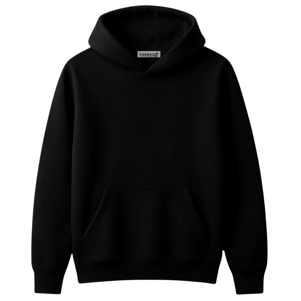 Black pullover hoodie with front pocket and THREEDZ label, isolated on white background