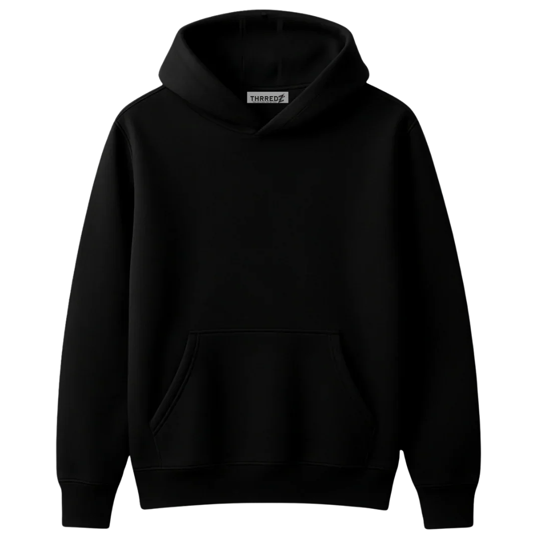 Black pullover hoodie with front pocket and THREEDZ label, isolated on white background