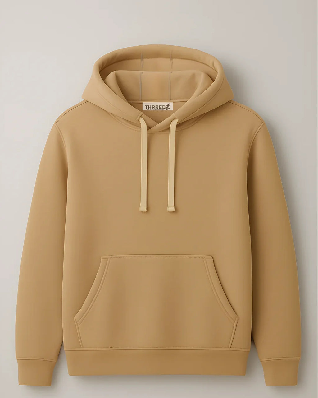 Desert dune beige hoodie with kangaroo pocket and drawstring, THRREDZ branding