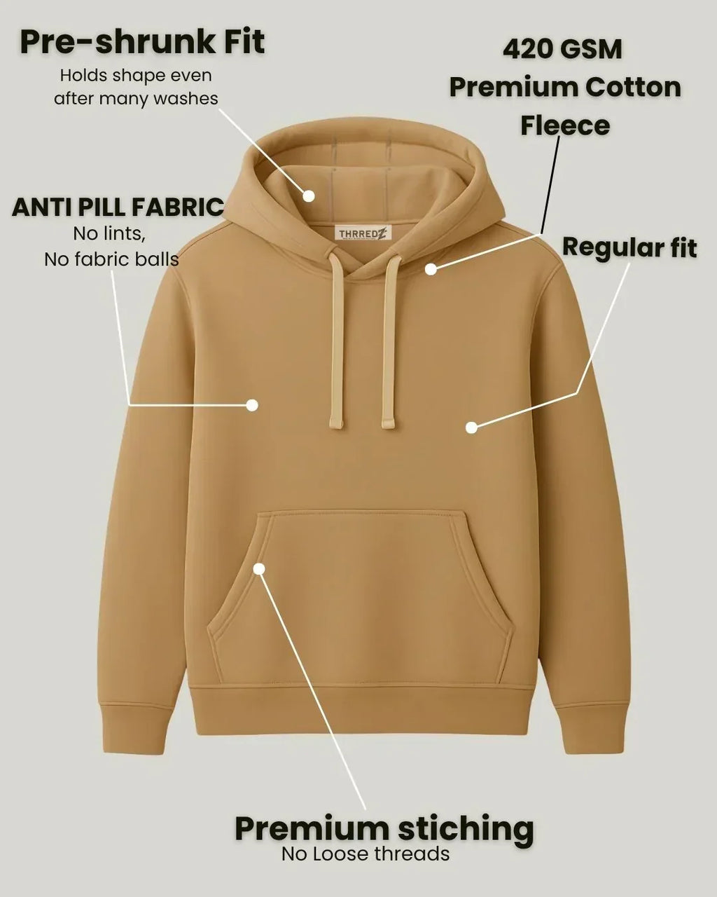 Camel brown premium cotton fleece hoodie with pre-shrunk fit, anti-pill fabric, and premium stitching