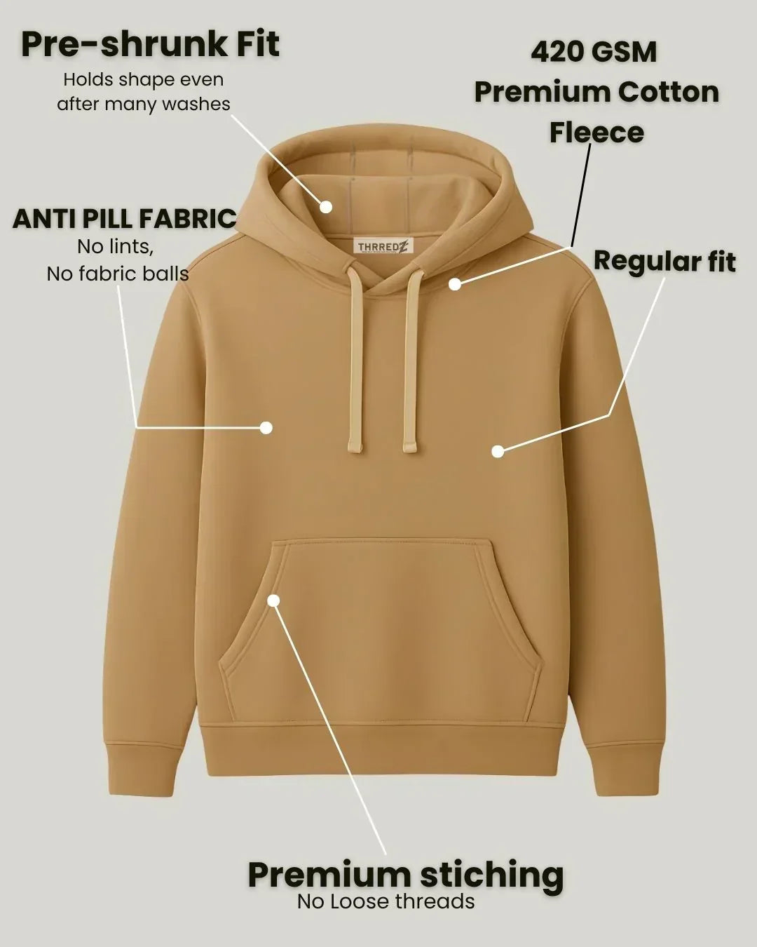 Camel brown premium cotton fleece hoodie with pre-shrunk fit, anti-pill fabric, and premium stitching