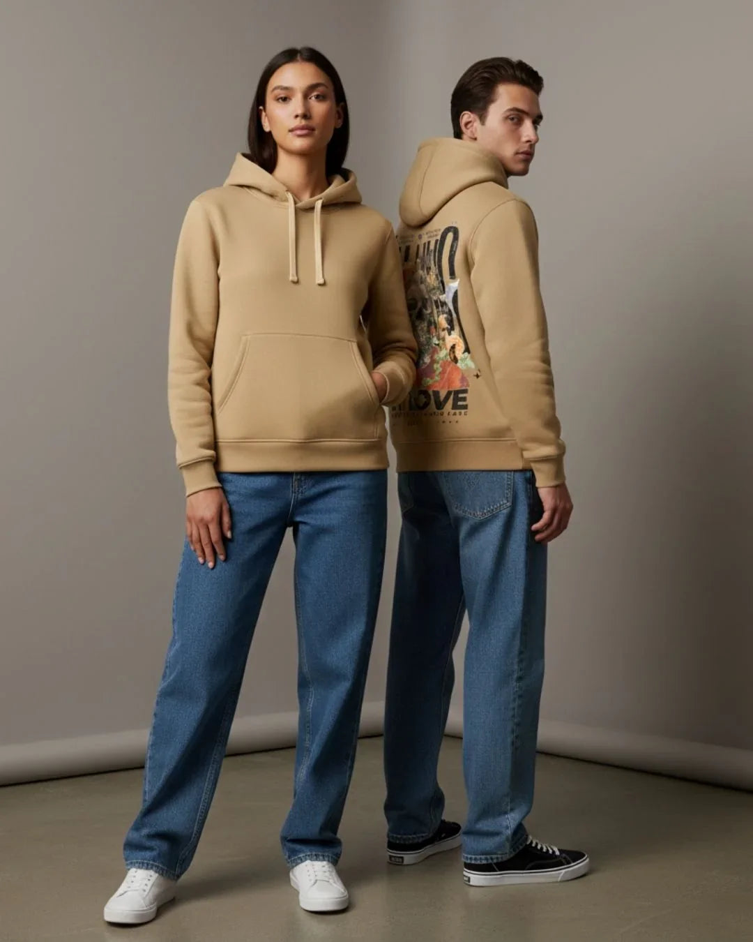 Two models in beige hoodies and blue jeans, one showing front, the other showing back graphic print.