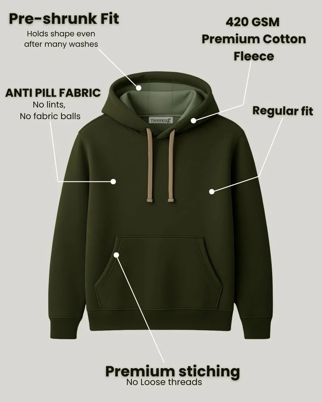 Olive green hoodie with premium stitching, pre-shrunk fit, anti pill fabric, and cotton fleece features.
