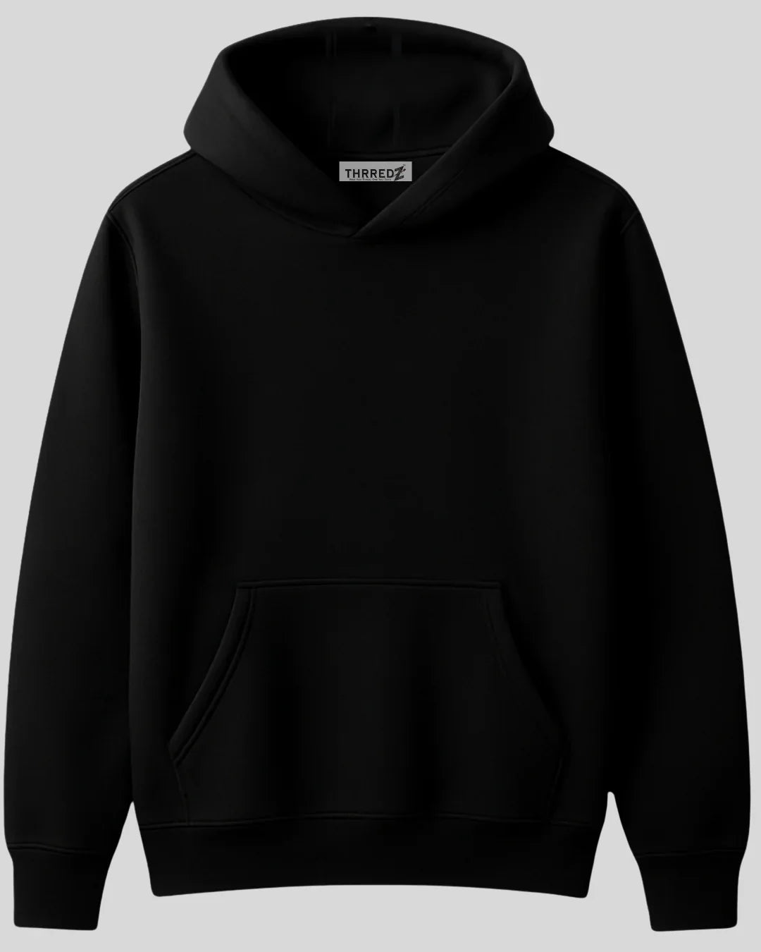 Black pullover hoodie with front pocket and THRREDZ label, minimalist design
