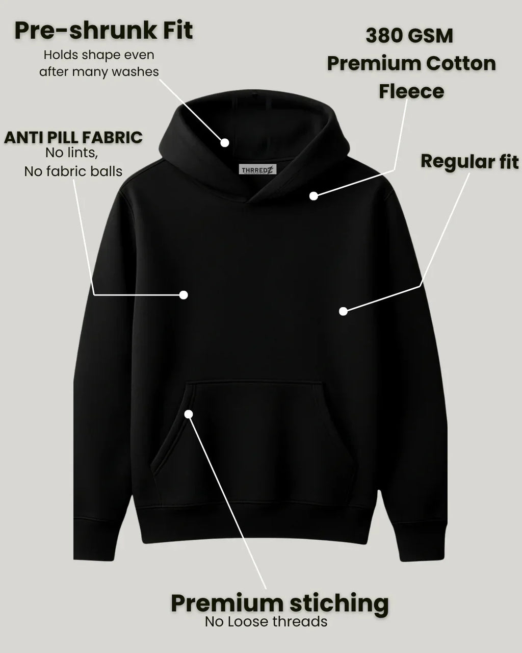 Black hoodie with pre-shrunk fit, anti-pill fabric, premium cotton fleece, premium stitching.