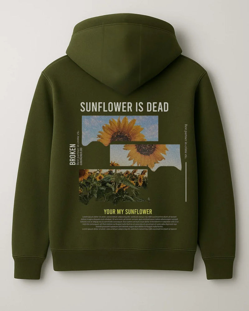 Olive green hoodie with sunflower graphics and 'SUNFLOWER IS DEAD' text on the back