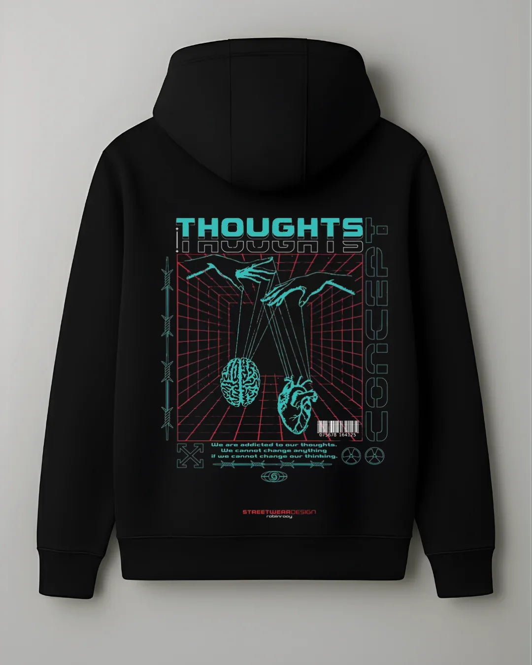 Black hoodie with neon graphic featuring brain and heart, streetwear design, THOUGHTS concept