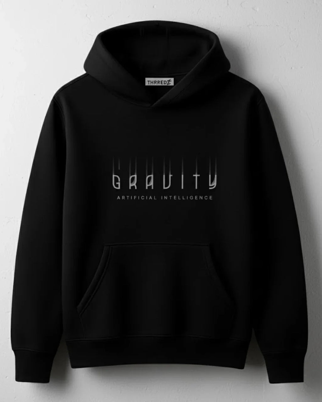 Black hoodie with GRAVITY Artificial Intelligence text design, THRREDZ brand label