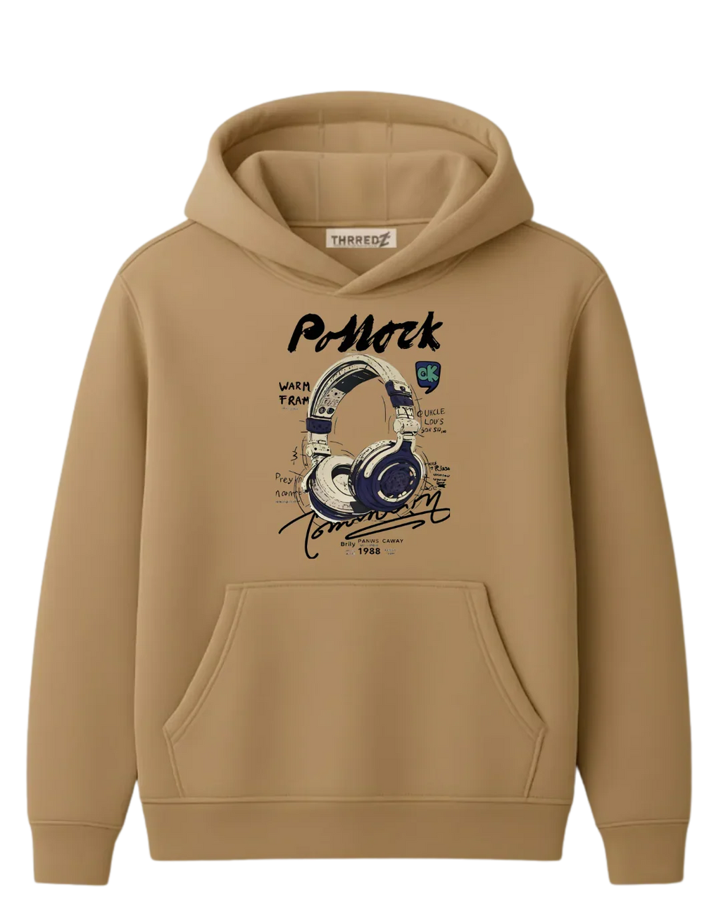 Tan THRREDZ hoodie with graphic of headphones, handwritten text, and artistic design on front.