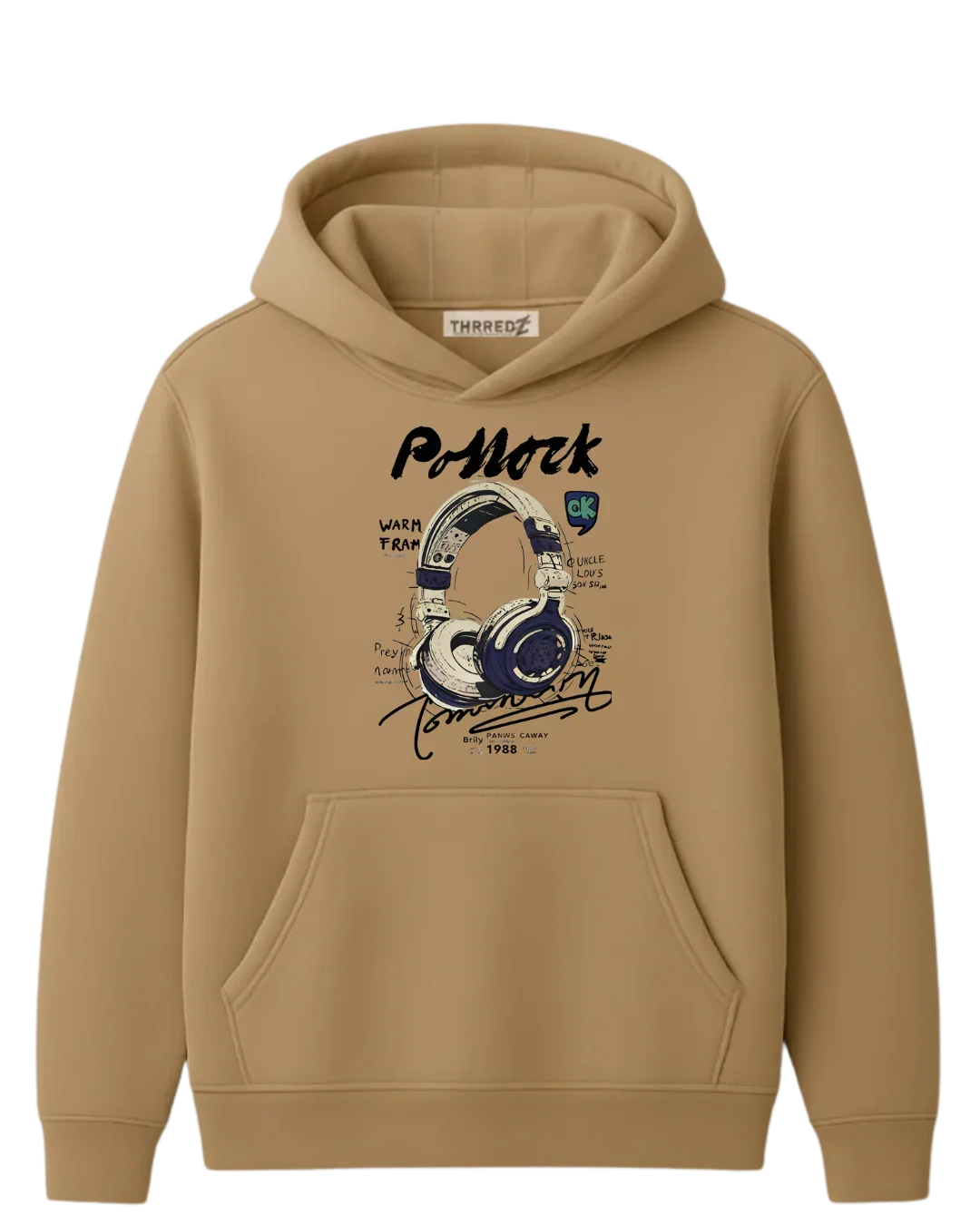 Tan THRREDZ hoodie with graphic of headphones, handwritten text, and artistic design on front.