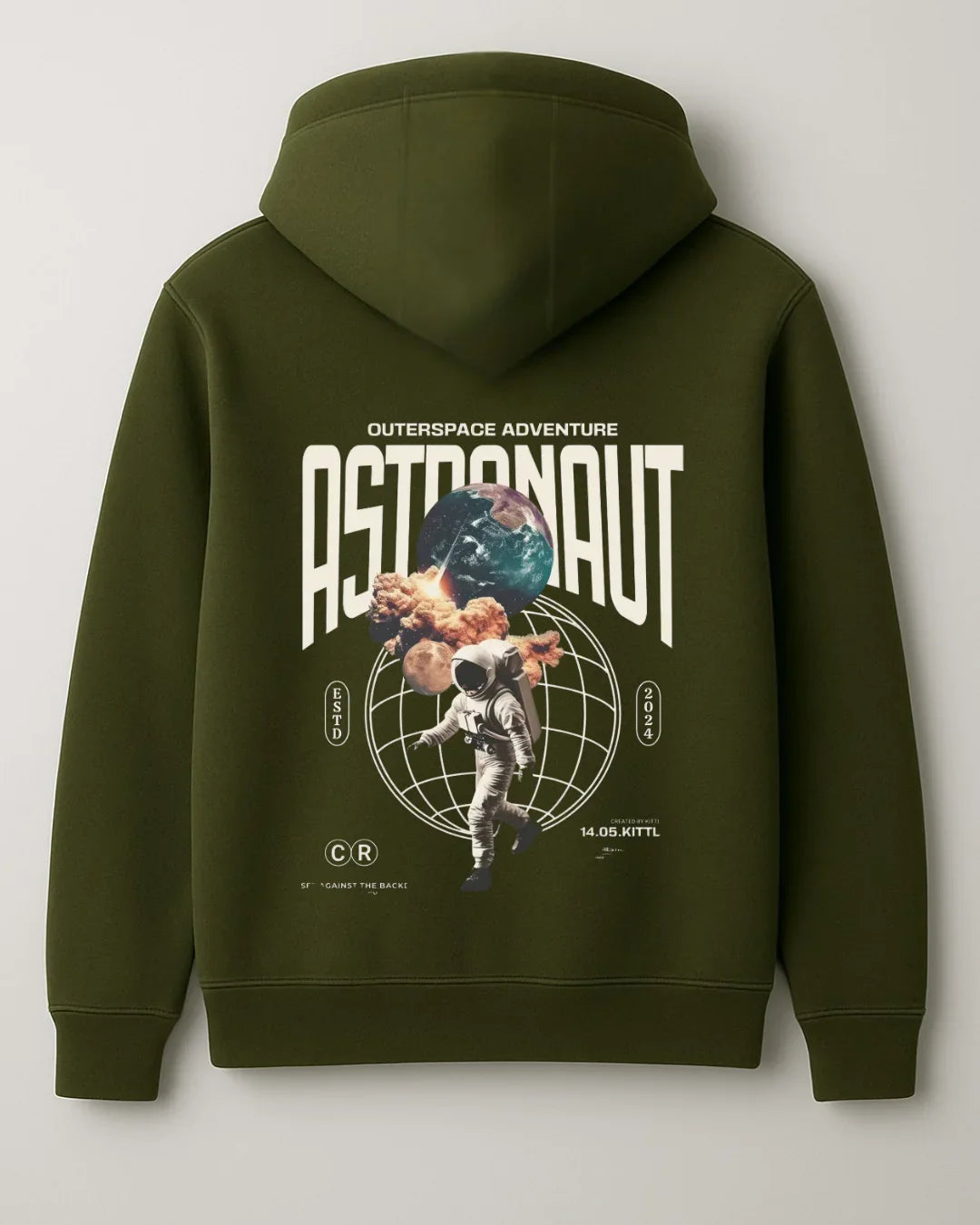 Olive green hoodie with astronaut, planets, and 'Outerspace Adventure Astronaut' graphic