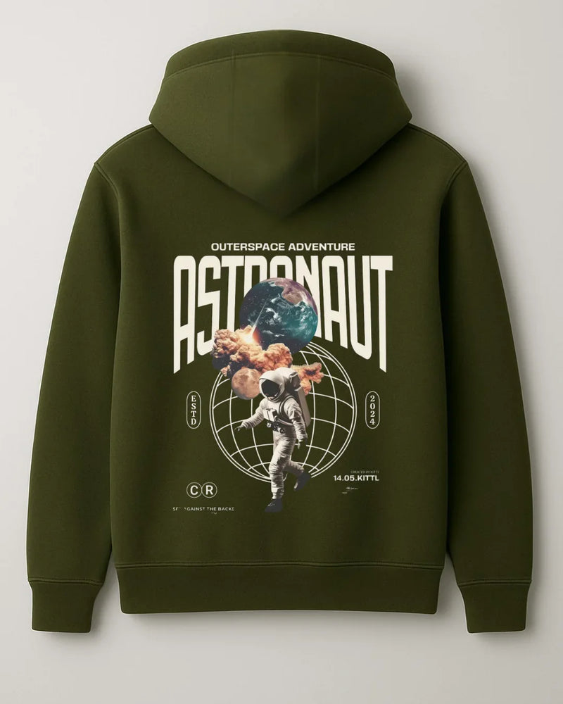 Olive green hoodie with astronaut, planets, and 'Outerspace Adventure Astronaut' graphic