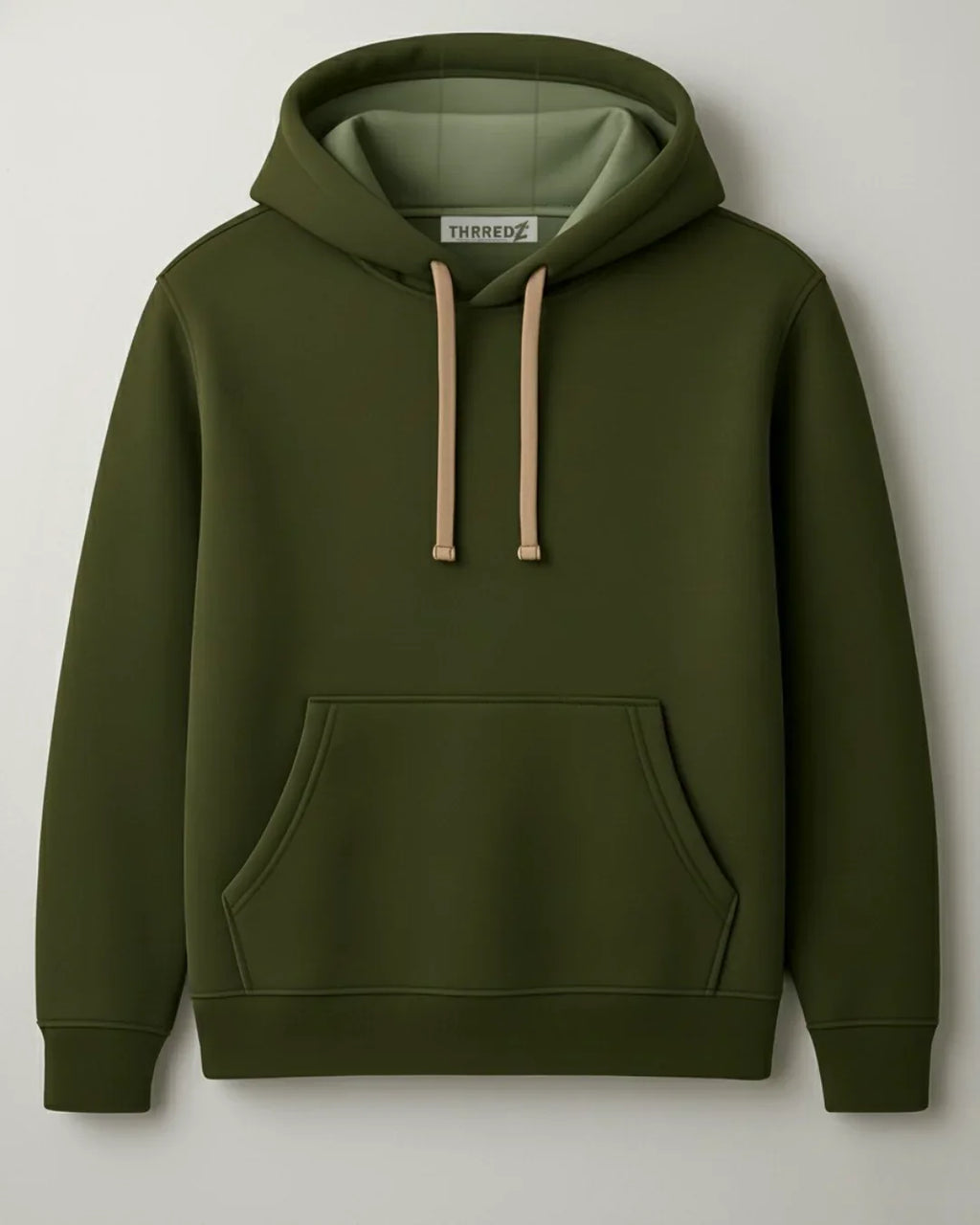 Olive green hoodie with beige drawstrings, front pocket, and THRREDZ logo tag.